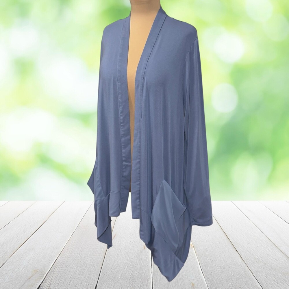 LOGO LORI GOLDSTEIN Jersey Cardigan Handkerchief Hem Open Front Pockets Size L
